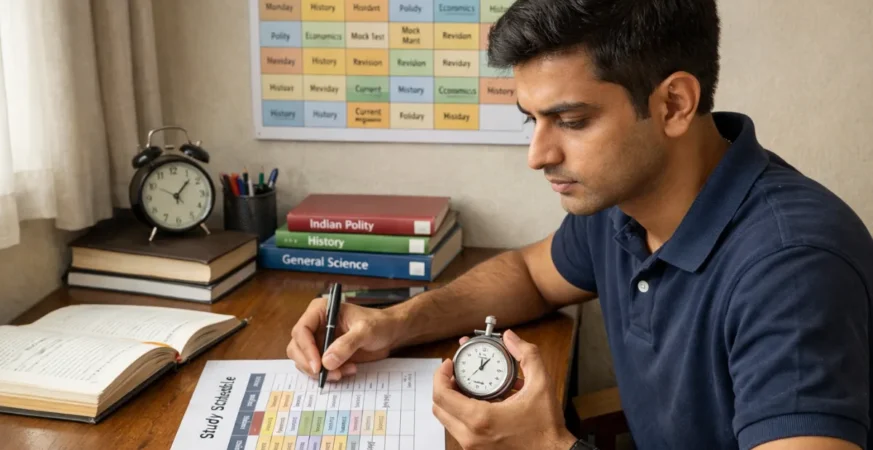 Government exam aspirant planning study timetable with stopwatch and structured weekly calendar.