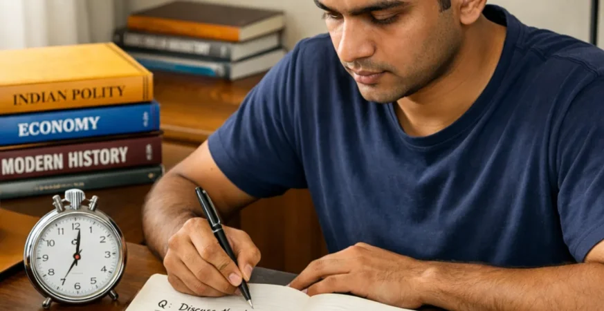 Government exam aspirant practicing timed answer writing to improve speed.