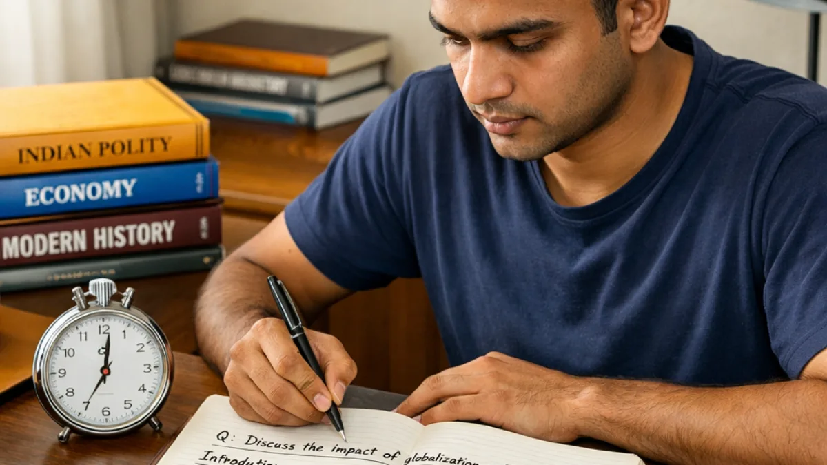 Government exam aspirant practicing timed answer writing to improve speed.
