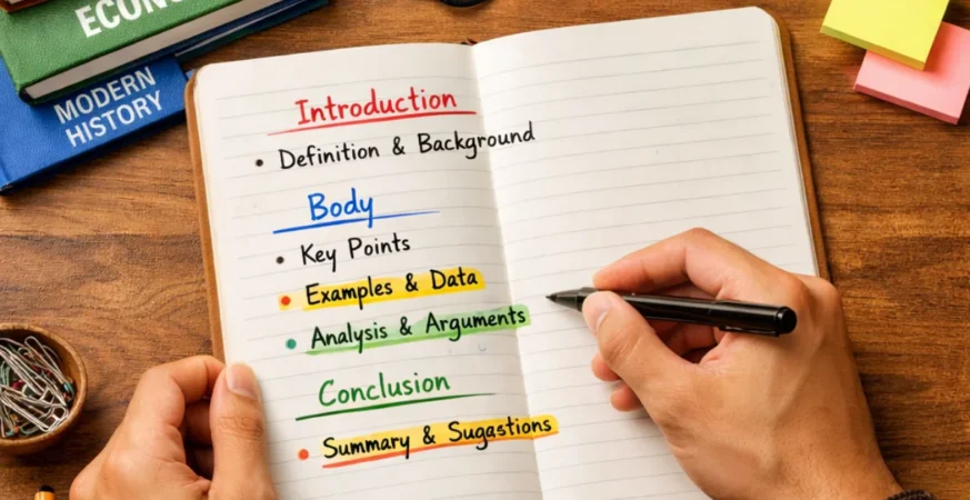 Government exam aspirant writing a structured topper-style answer with highlighted keywords and exam books on desk