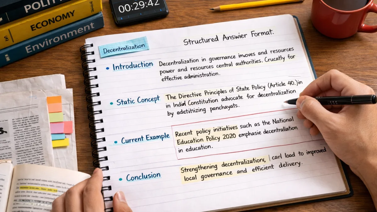 Government exam aspirant writing answers that integrate static concepts and current affairs for better scoring