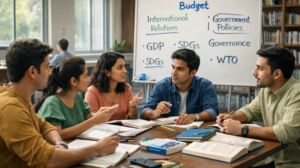 Government exam aspirants discussing current affairs topics like budget and governance in a study group.