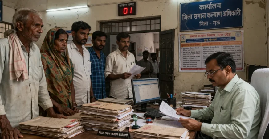 Government office in India showing citizens waiting for policy implementation services