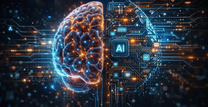 Human brain combined with AI algorithms visual concept