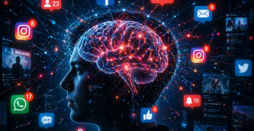 Human brain connected to digital network representing attention economy