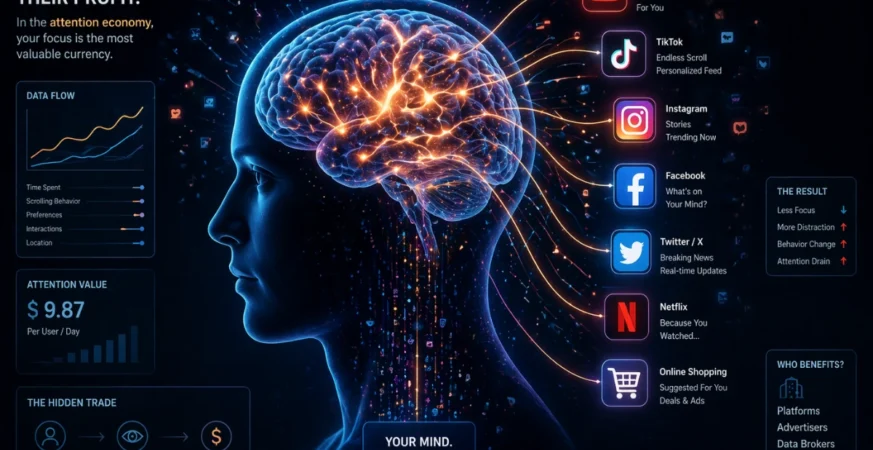 Human brain connected to digital platforms showing flow of attention and data