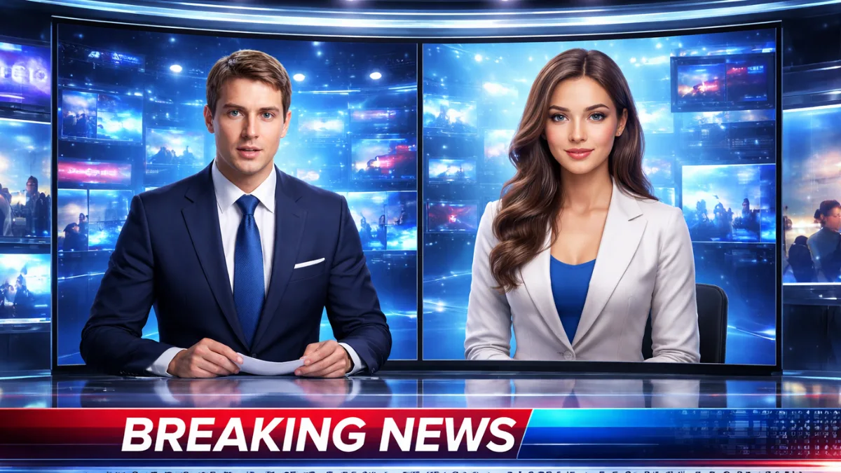 Human news anchor and AI avatar displayed side by side in a modern studio