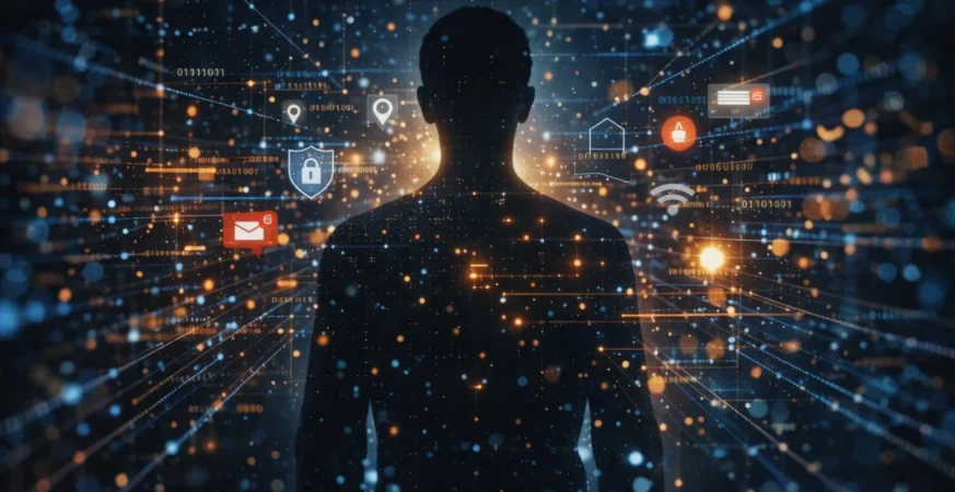Human silhouette surrounded by digital data points symbolizing online privacy concerns