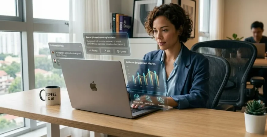 Human working with AI tools in modern office environment