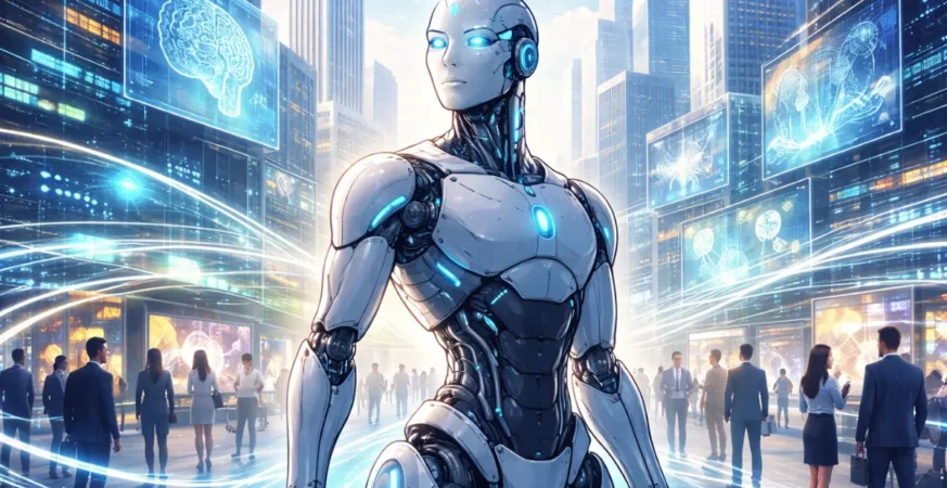 Humanoid AI representing AGI in a future urban environment