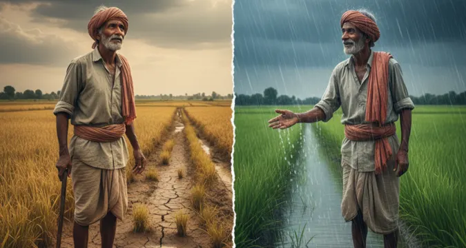 Indian farmers standing in a semi-dry field under a cloudy sky, with contrasting imagery of rainfall and drought conditions.