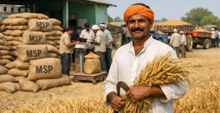 Indian farmers selling wheat at a government mandi under the Minimum Support Price (MSP) procurement system