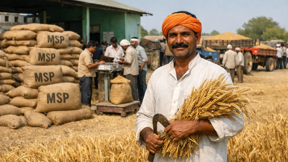 Indian farmers selling wheat at a government mandi under the Minimum Support Price (MSP) procurement system