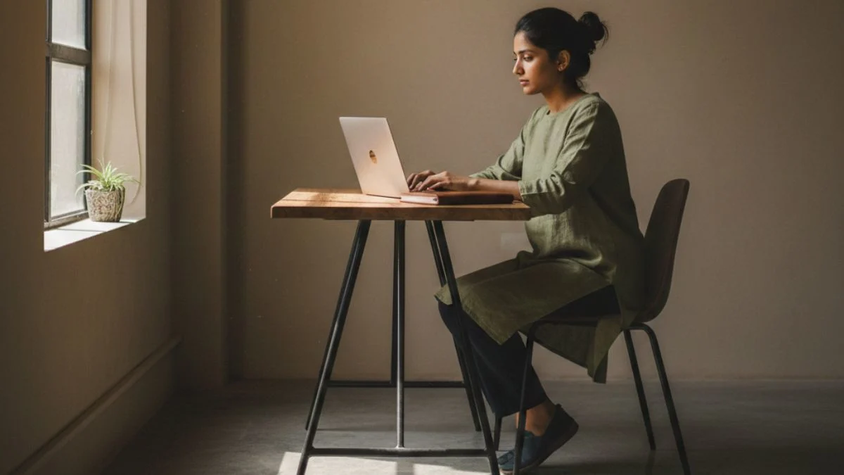 Indian lifestyle startup founder working quietly in a small office, representing a profitable silent startup without venture capital funding