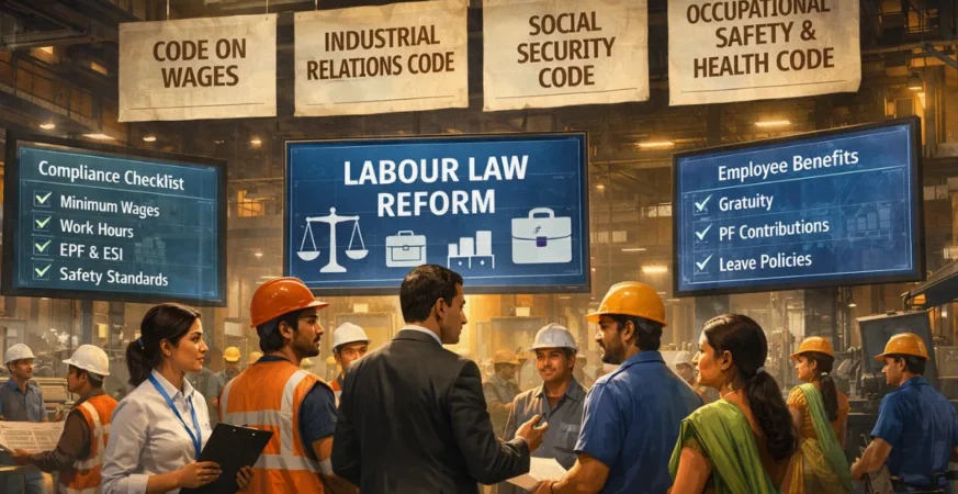 Indian workplace scene showing workers and managers under digital labour compliance screens (1)