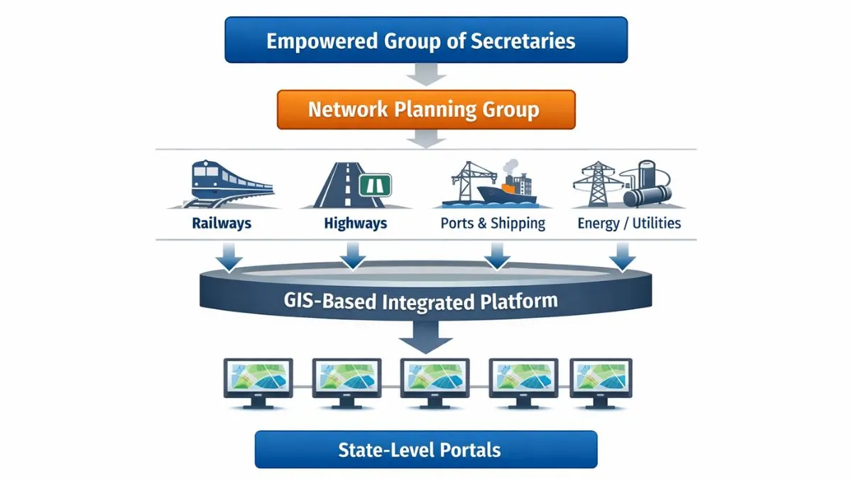 Institutional structure of PM Gati Shakti illustrating Empowered Group of Secretaries Network Planning Group and state portals