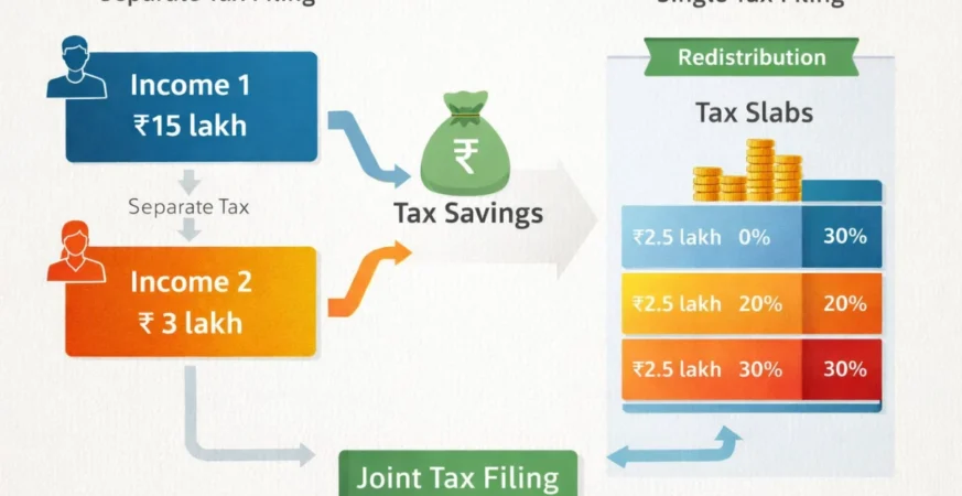 Joint tax filing concept showing combined income and tax slabs