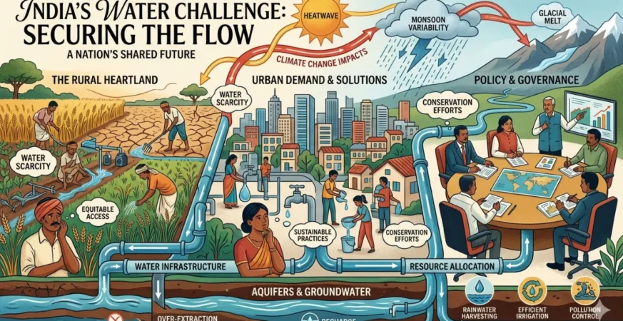 Magazine-style artwork depicting farmers, cities, and policymakers within India’s water security system