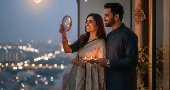 Modern Karwa Chauth 2025 couples fasting and celebrating love