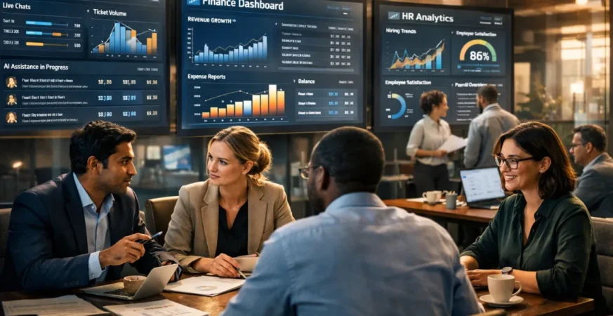 . A professional illustration of a business leader observing a transparent AI automation control panel connected to multiple departments including marketing, operations, customer service, and recruitment, symbolizing workflow transformation,