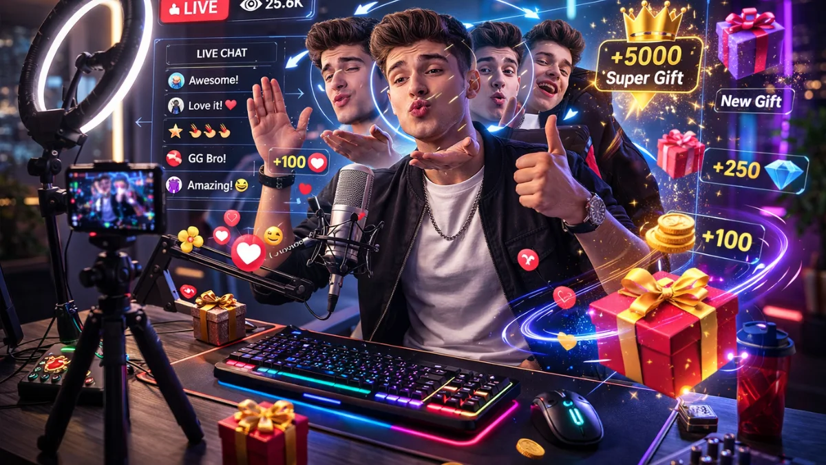 NPC streamer reacting to digital gifts in a looped live session