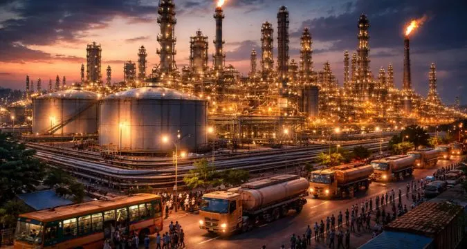 Oil refinery and bustling street at dusk