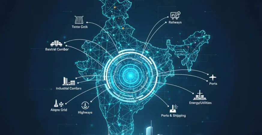 PM Gati Shakti integrated infrastructure master plan showing highways railways ports and digital GIS coordination across India
