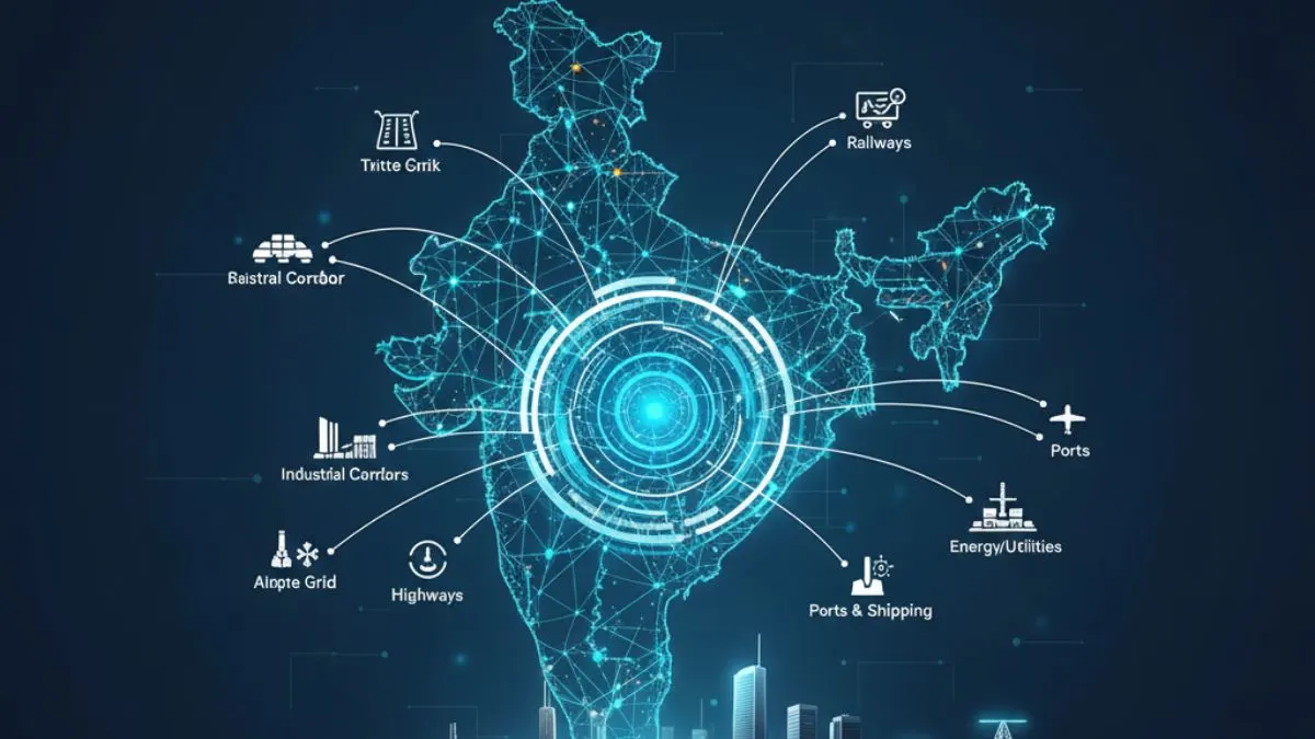 PM Gati Shakti integrated infrastructure master plan showing highways railways ports and digital GIS coordination across India
