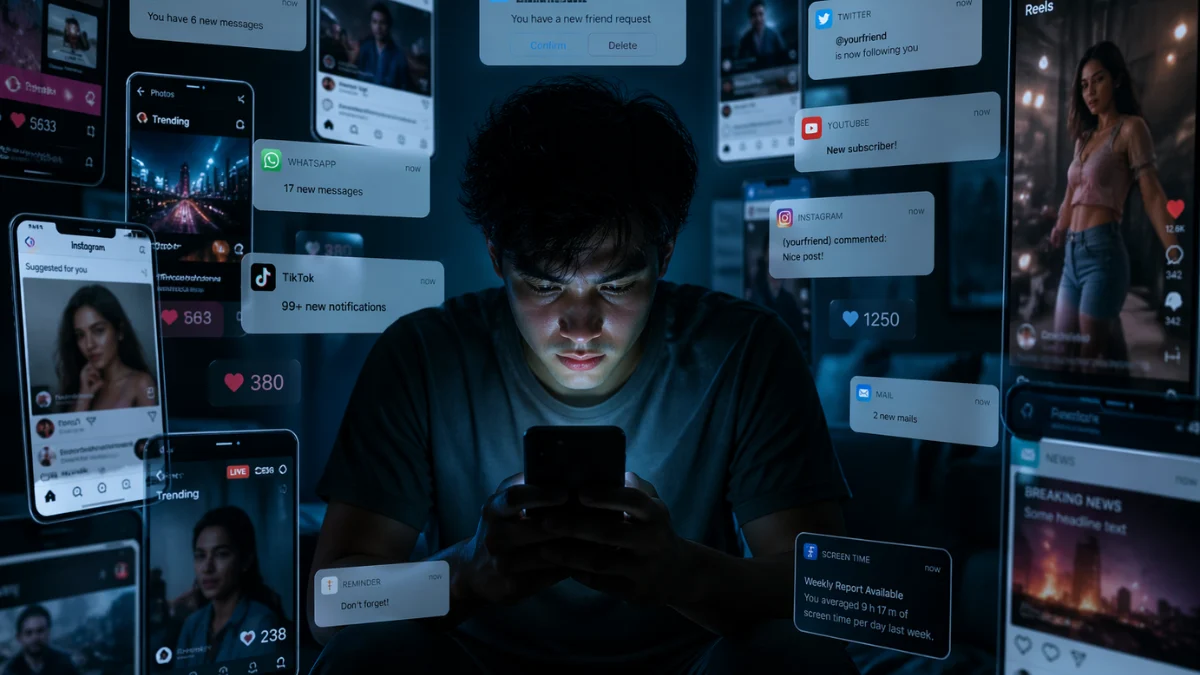 Person overwhelmed by multiple digital notifications illustrating attention economy