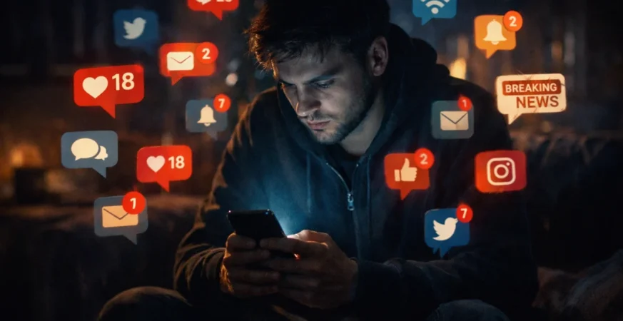 Person overwhelmed by smartphone notifications in dark environment