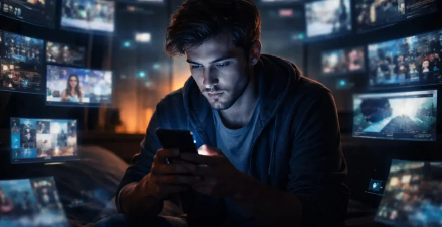 Person scrolling endlessly on phone late night showing internet rabbit hole effect