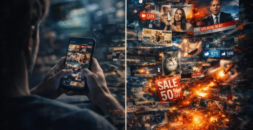 Person scrolling phone with fragmented content representing Corecore trend