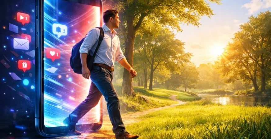 Person stepping out of a smartphone screen onto grass in a sunny park