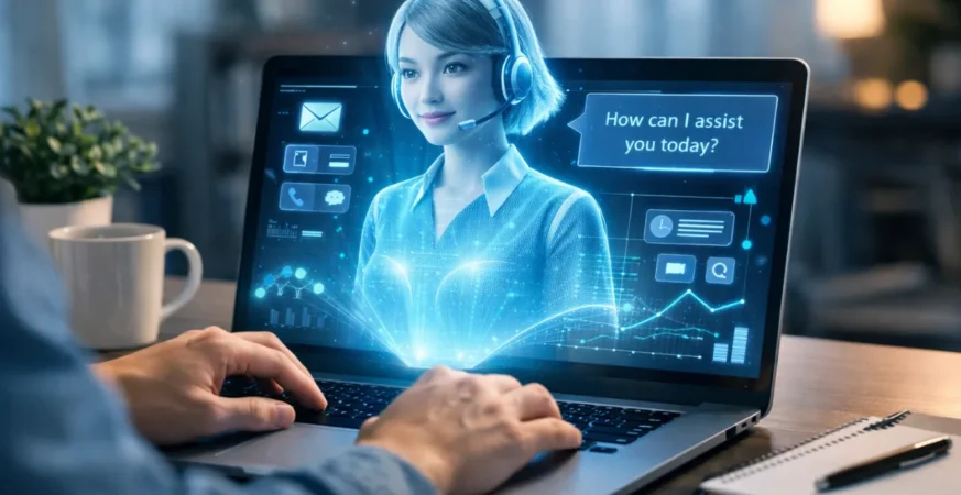 Person using AI assistant on laptop showing how AI agents work in daily tasks