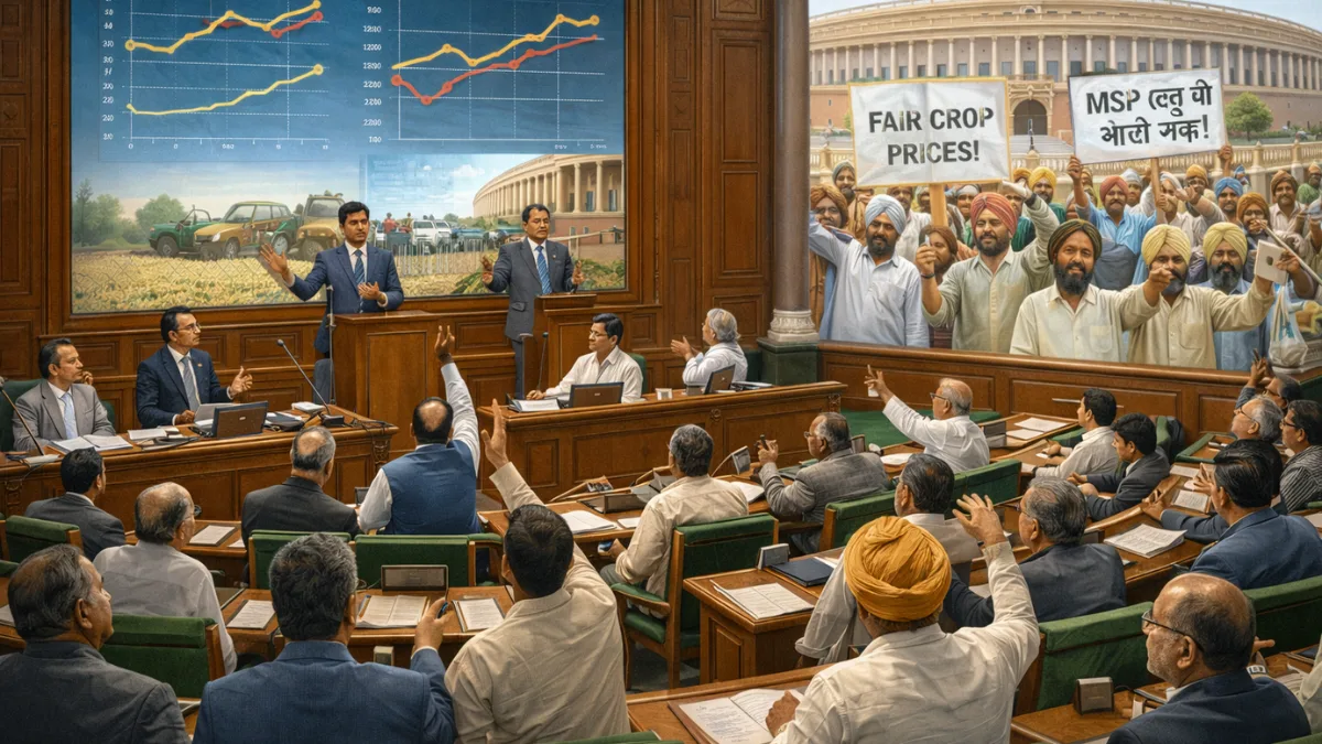 Political debate and farmer protests highlighting the policy and political realities of Minimum Support Price in India