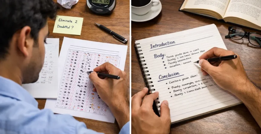 Prelims vs Mains Strategy comparison showing MCQ solving and structured answer writing in Indian government exam setup.