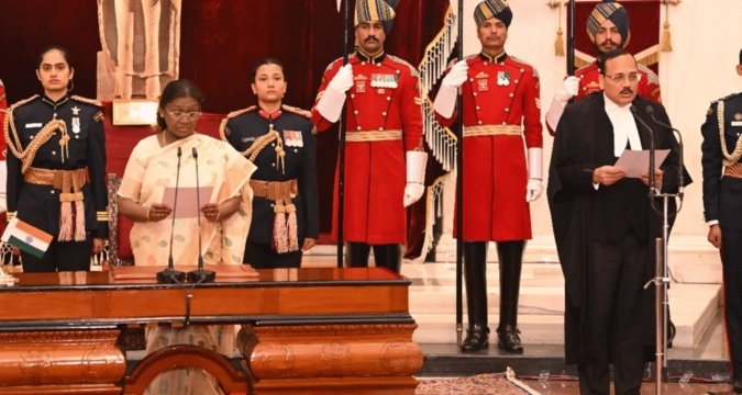 President Droupadi Murmu administering oath to new Chief Justice Surya Kant