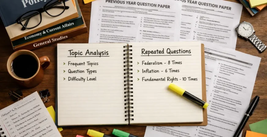 Previous year questions analysis study desk with notes and highlighters