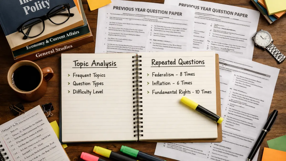Previous year questions analysis study desk with notes and highlighters
