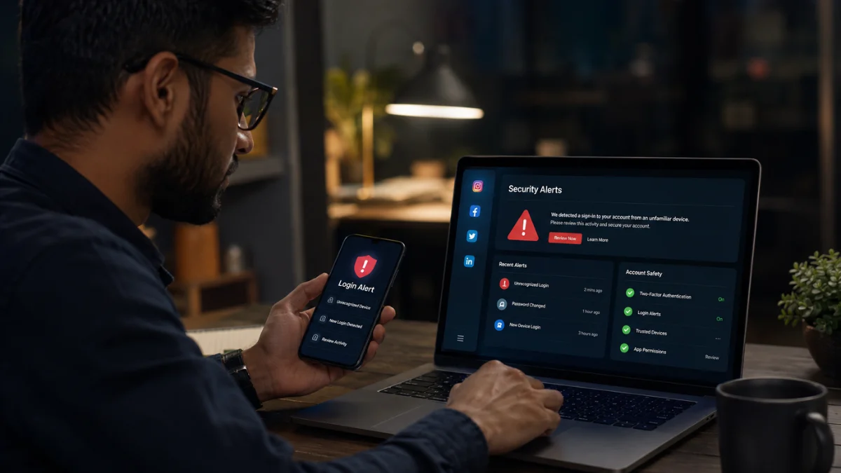 Professional reviewing social media account security alerts on digital devices