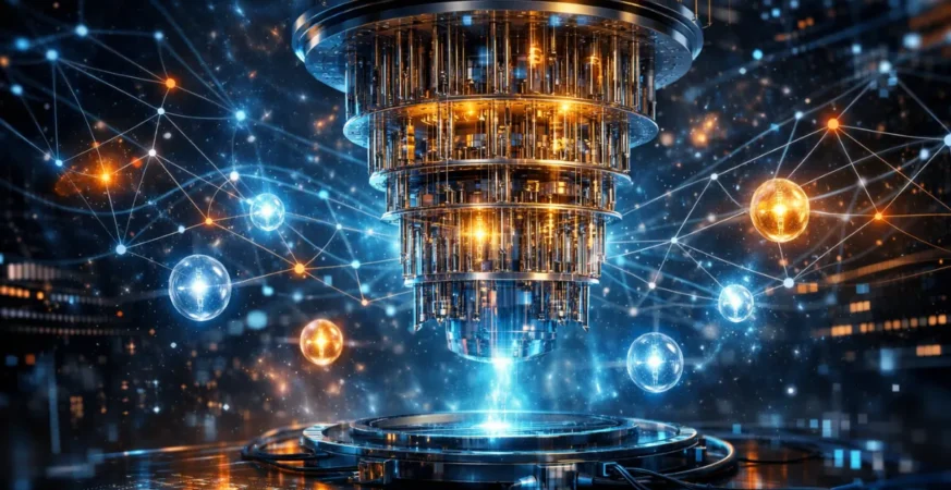 Quantum AI system visualizing qubits and artificial intelligence network