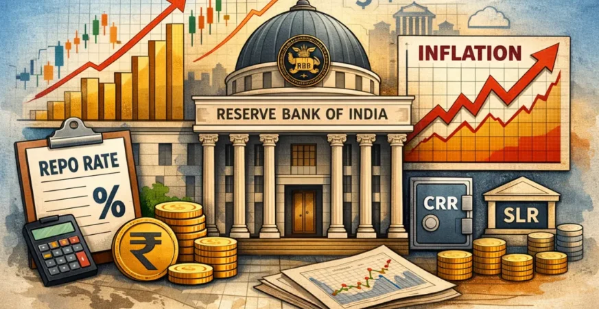 RBI building with monetary policy charts
