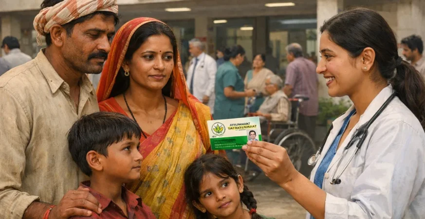 Rural Indian family receiving health card under Ayushman Bharat scheme outside a government hospital
