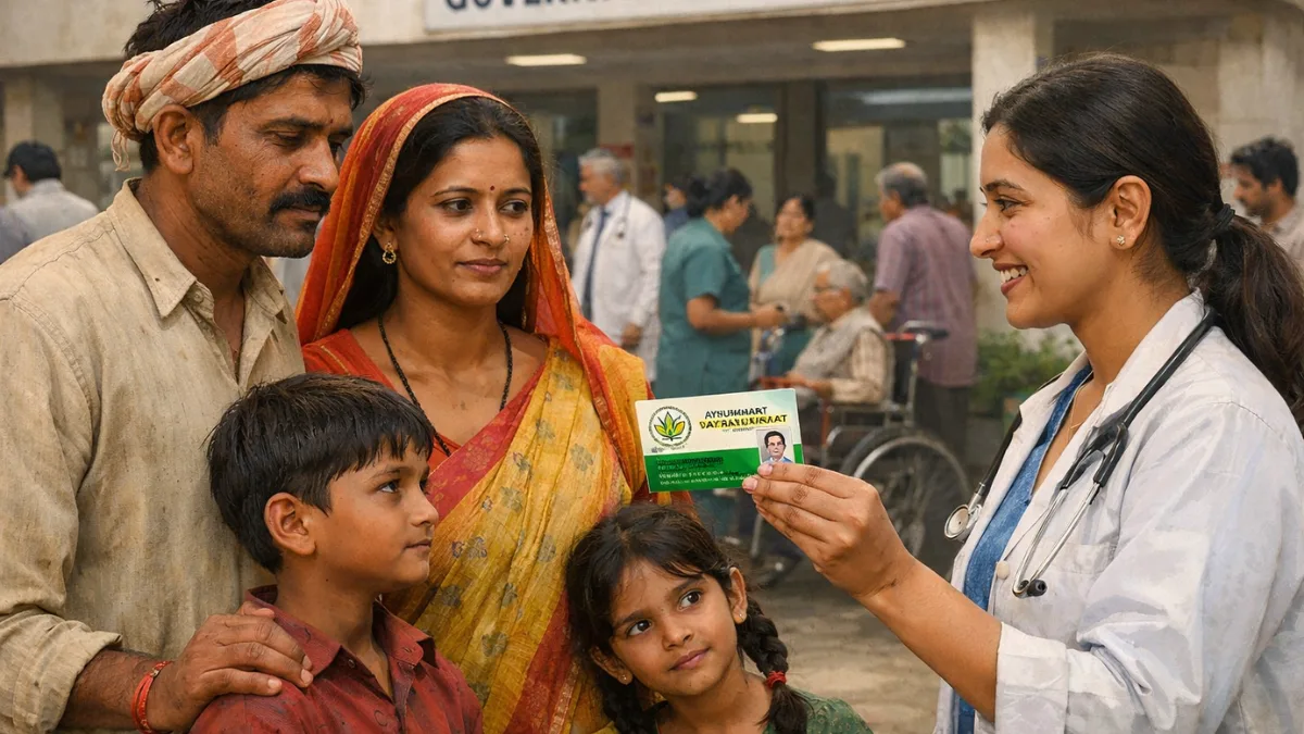 Rural Indian family receiving health card under Ayushman Bharat scheme outside a government hospital