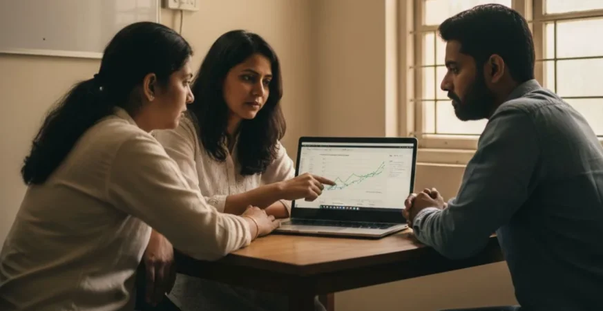 Small Indian lifestyle business team reviewing revenue growth, showcasing sustainable and profitable silent startups in India