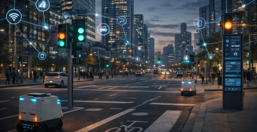 Smart city infrastructure with automation and robotics in everyday use