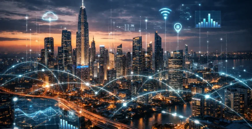 Smart city skyline showing how cities use tech through connected infrastructure