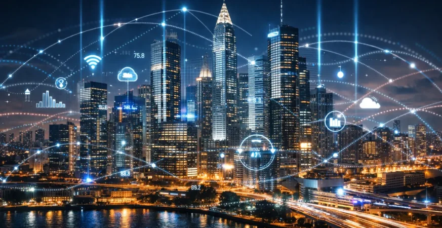 Smart city skyline with digital infrastructure and connected systems