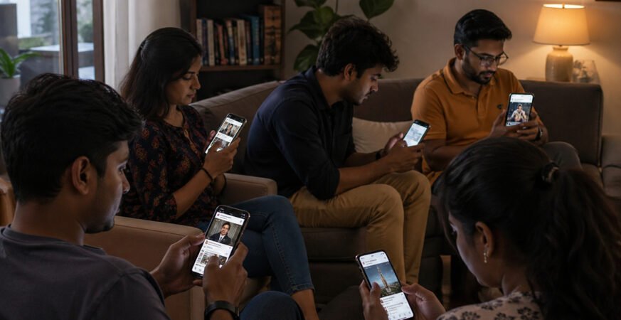 People in India using smartphones showing different political opinions on social media platforms