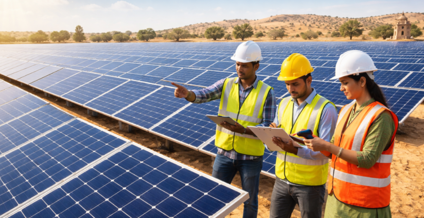 Solar panels in Rajasthan reflecting sunlight against clear skies